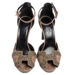 Hermes Beige Suede Highlight Crystal Embellished Ankle Strap Sandals Size 38
