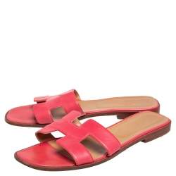 Hermes Pink Leather Oran Slide Flats Size 40.5