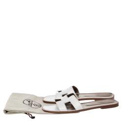 Pre Owned Hermes White Leather Oran Slide Flats Size 40.5