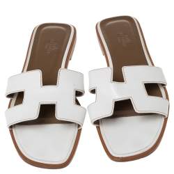 Pre Owned Hermes White Leather Oran Slide Flats Size 40.5
