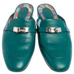 Hermes Green Leather Palladium Plated Oz  Flat Mules Size 40