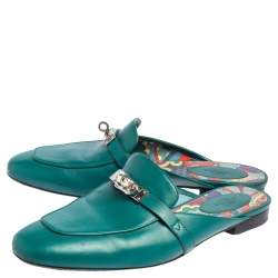 Hermes Green Leather Palladium Plated Oz  Flat Mules Size 40
