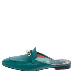 Hermes Green Leather Palladium Plated Oz  Flat Mules Size 40