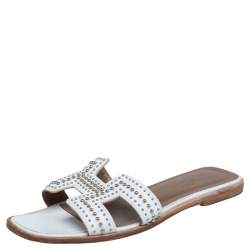 Pre Owned Hermes White Leather Studded Oran Flats Size 37.5