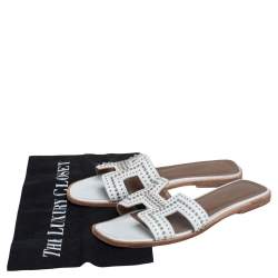 Pre Owned Hermes White Leather Studded Oran Flats Size 37.5