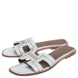 Pre Owned Hermes White Leather Studded Oran Flats Size 37.5