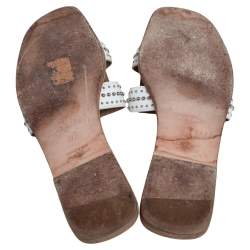 Pre Owned Hermes White Leather Studded Oran Flats Size 37.5