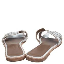 Pre Owned Hermes White Leather Studded Oran Flats Size 37.5