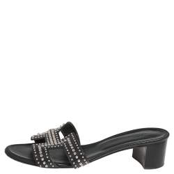 Hermes Black Leather Oasis Slide  Sandals Size 38