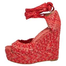 Pre Owned Hermes Red/Pink Leather And Suede Epice Tresse Espadrille Wedge Sandals Size 39