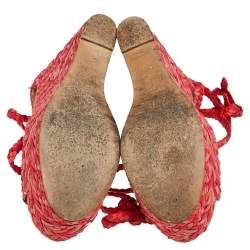 Pre Owned Hermes Red/Pink Leather And Suede Epice Tresse Espadrille Wedge Sandals Size 39