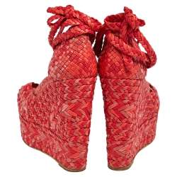 Pre Owned Hermes Red/Pink Leather And Suede Epice Tresse Espadrille Wedge Sandals Size 39