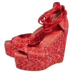 Pre Owned Hermes Red/Pink Leather And Suede Epice Tresse Espadrille Wedge Sandals Size 39