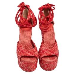 Pre Owned Hermes Red/Pink Leather And Suede Epice Tresse Espadrille Wedge Sandals Size 39