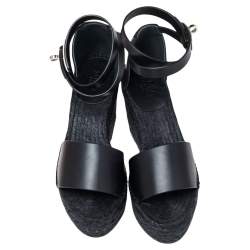 Pre Owned Hermes Black Leather Espadrille Tipoli Sandals Size 35