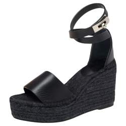 Pre Owned Hermes Black Leather Espadrille Tipoli Sandals Size 35