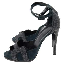 Pre Owned Hermes Blue Suede and Glitter Ankle Strap Sandals Size 38.5