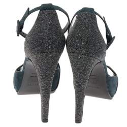 Pre Owned Hermes Blue Suede and Glitter Ankle Strap Sandals Size 38.5