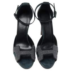 Pre Owned Hermes Blue Suede and Glitter Ankle Strap Sandals Size 38.5