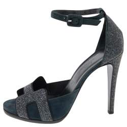 Pre Owned Hermes Blue Suede and Glitter Ankle Strap Sandals Size 38.5