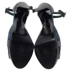 Pre Owned Hermes Blue Suede and Glitter Ankle Strap Sandals Size 38.5