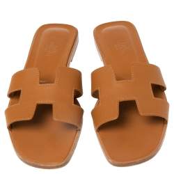 Pre Owned Hermes Brown Leather Oran Flat Sandals Size 39