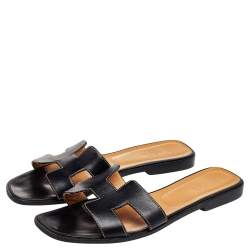 Pre Owned Hermes Black Leather Oran Sandals Size 39.5