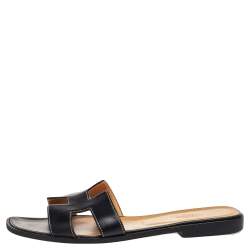 Pre Owned Hermes Black Leather Oran Sandals Size 39.5