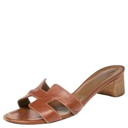 Pre Owned Hermes Brown Leather Oasis Sandals Size 36.5