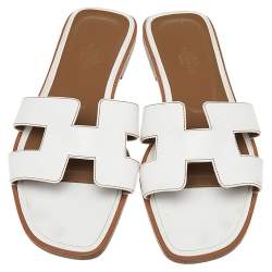 Pre Owned Hermes White Leather Oran Flats Sandals Size 37