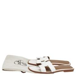 Pre Owned Hermes White Leather Oran Flats Sandals Size 37