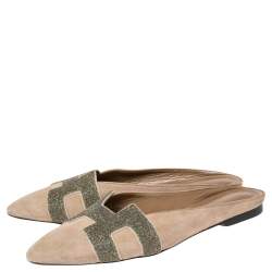 Hermes Beige Suede Roxane Mules Size 38