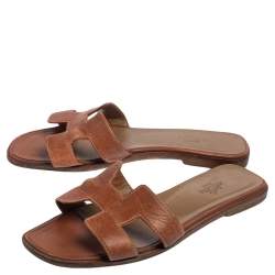 Pre Owned Hermes Brown Leather Oran Flats Size 37