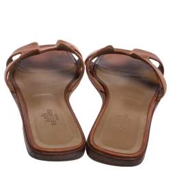 Pre Owned Hermes Brown Leather Oran Flats Size 37