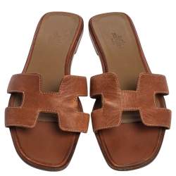 Pre Owned Hermes Brown Leather Oran Flats Size 37