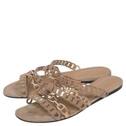 Pre Owned Hermes Beige/Gold Suede D'ancre Chaine Flat Sandals Size 39
