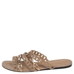 Pre Owned Hermes Beige/Gold Suede D'ancre Chaine Flat Sandals Size 39