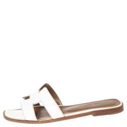 Pre Owned Hermes White Leather Oran Slide Sandals Size 38.5