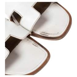 Pre Owned Hermes White Leather Oran Slide Sandals Size 38.5