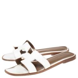 Pre Owned Hermes White Leather Oran Slide Sandals Size 38.5