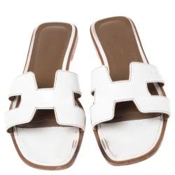 Pre Owned Hermes White Leather Oran Slide Sandals Size 38.5