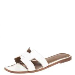 Pre Owned Hermes White Leather Oran Slide Sandals Size 38.5