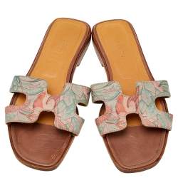 Hermes Beige Printed Canvas Oran Sandals Size 37