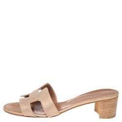 Pre Owned Hermes Beige Suede Oasis Block Heel Slide Sandals Size 37