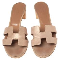 Pre Owned Hermes Beige Suede Oasis Block Heel Slide Sandals Size 37