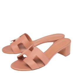 Pre Owned Hermes Rose Aube Epsom Leather Oasis Slide Sandals Size 37