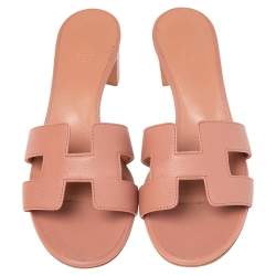 Pre Owned Hermes Rose Aube Epsom Leather Oasis Slide Sandals Size 37