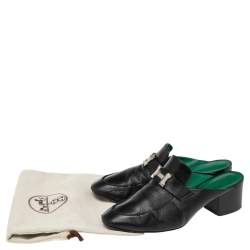 Hermes Black Leather Tuileries Block Heel Mules Size 38.5