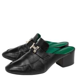 Hermes Black Leather Tuileries Block Heel Mules Size 38.5
