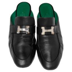 Hermes Black Leather Tuileries Block Heel Mules Size 38.5